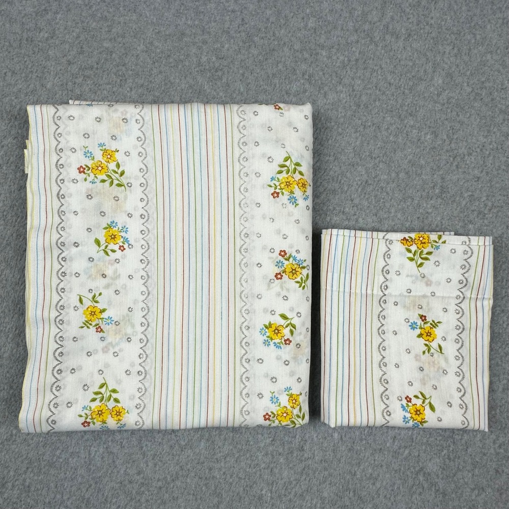 Vintage Thomaston New Era Floral Stripe Pillowcase Set Cottagecore Yellow Blue
